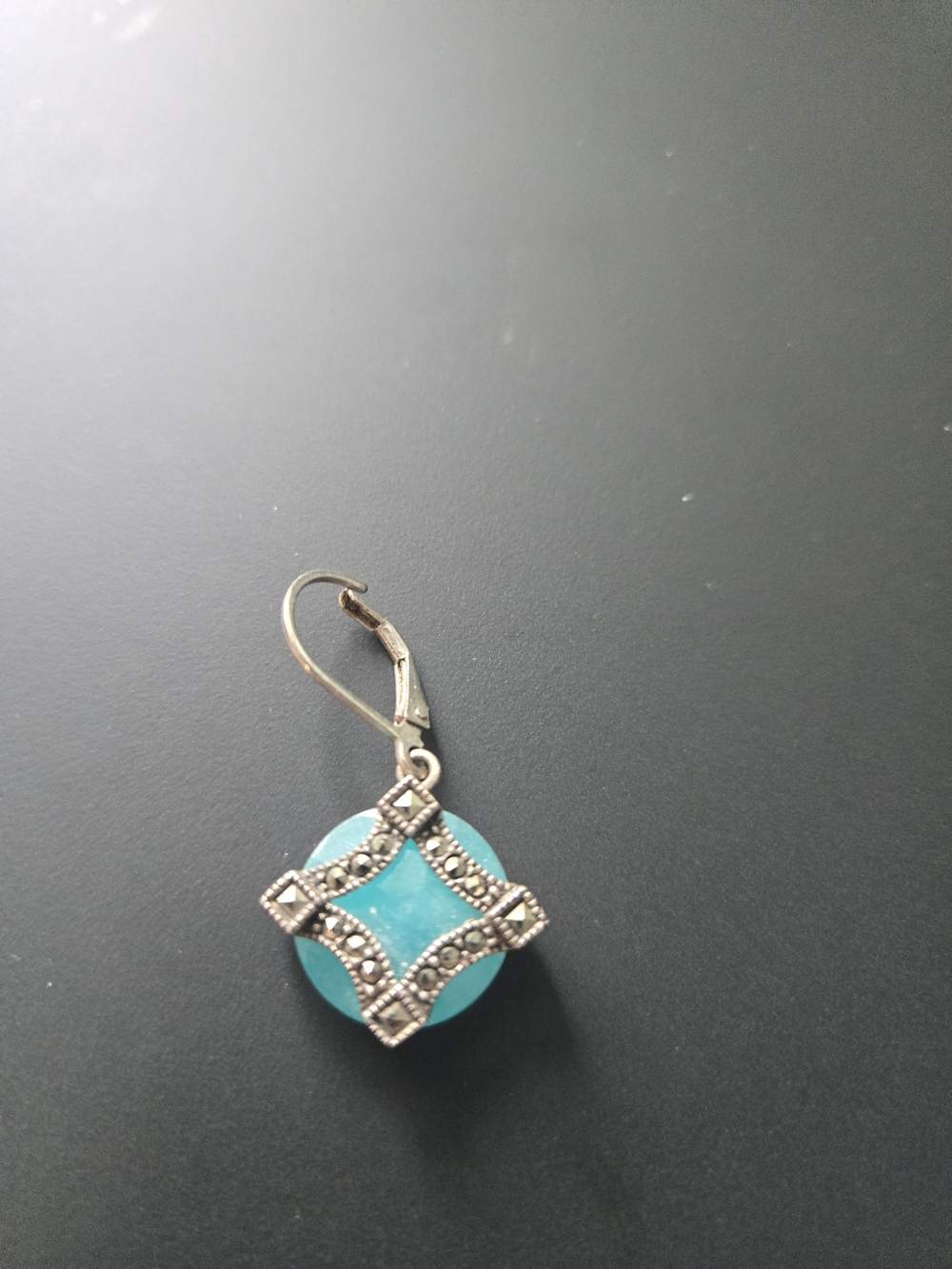 Single Turquoise Glass Drop Earring with Marcasite Accents